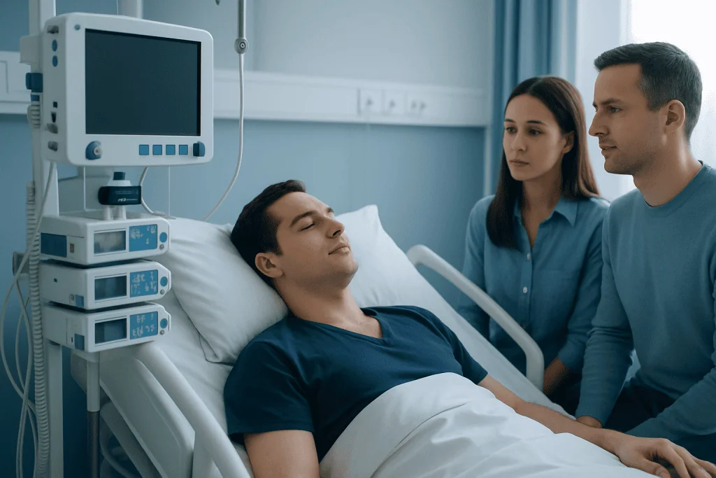 Patient in hospital bed with visitors in a medical room.