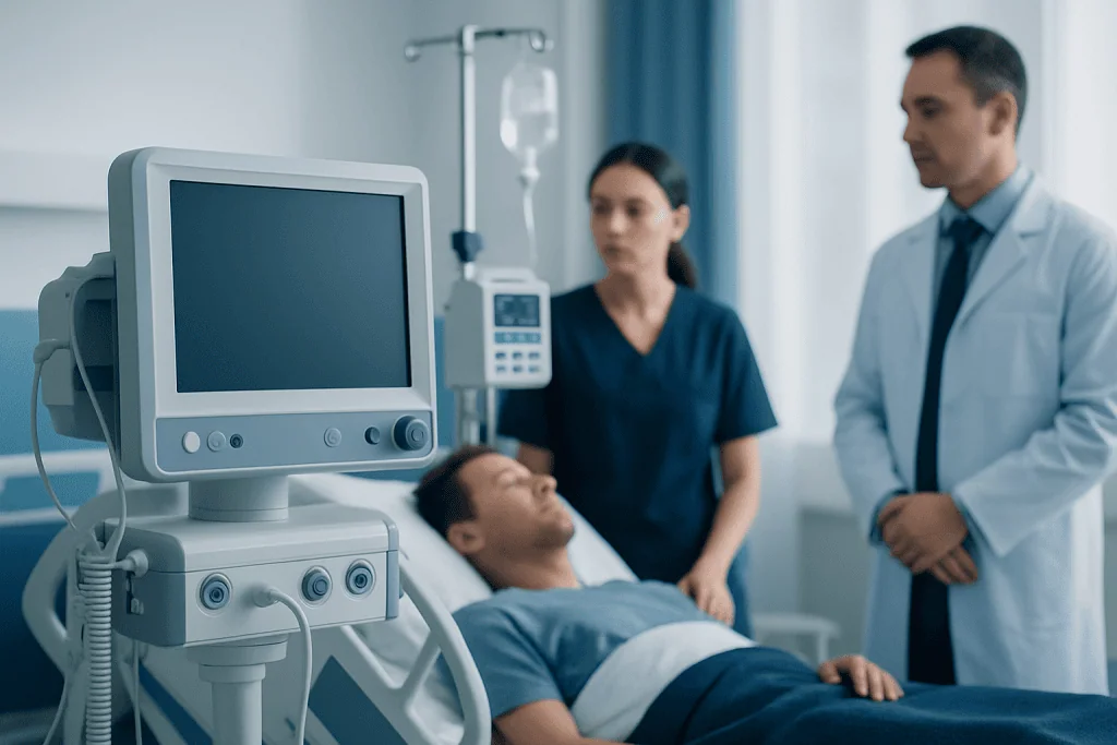 Medical team monitoring patient in hospital ICU with ventilator and monitor.