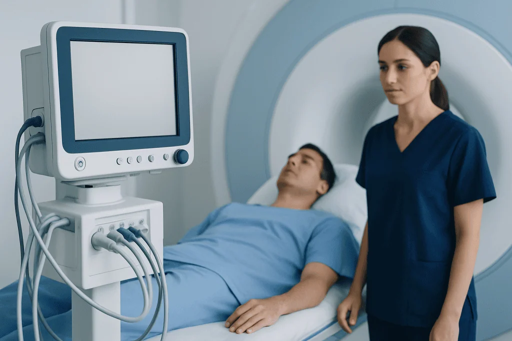 Patient undergoing MRI scan with medical staff present at Acibadem Hospital.