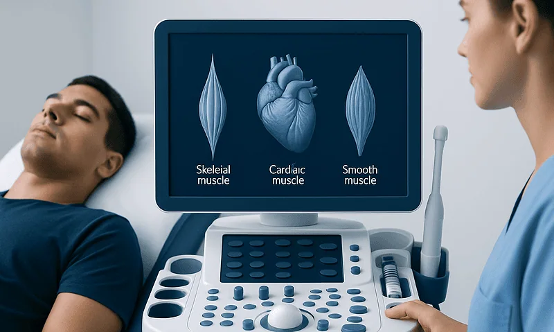 Medical ultrasound showing skeletal, cardiac, and smooth muscles for health analysis.