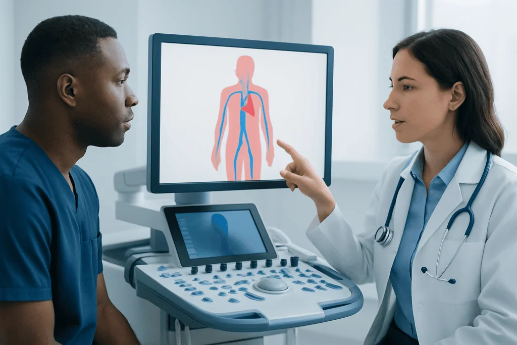 Medical professionals discussing vascular imaging in a hospital setting.