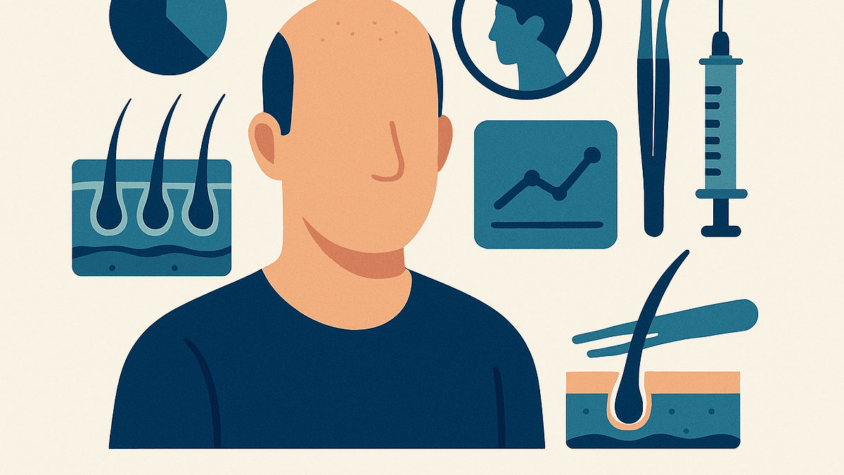 Illustration of hair transplant consultation with medical tools and scalp analysis.