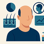 Illustration of hair transplant consultation with medical tools and scalp analysis.