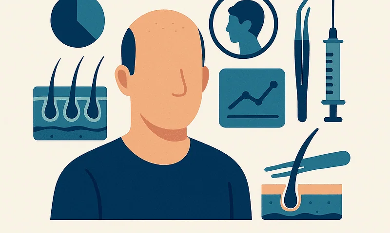 Illustration of hair transplant consultation with medical tools and scalp analysis.