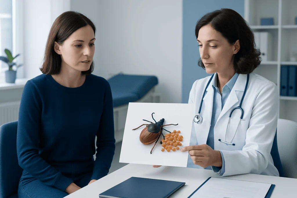 Doctor explaining tick eggs to patient in a medical consultation.