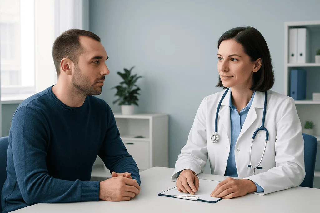 Doctor consulting with a male patient in a modern clinic setting.