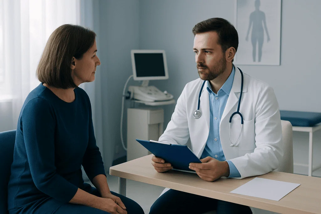 Doctor consulting with a female patient in a medical office.