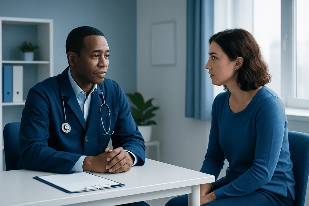 Doctor consulting with a female patient in a medical office setting.