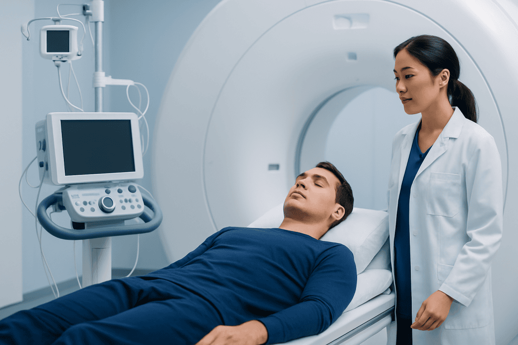 Patient undergoing MRI scan at Acibadem Hospital with medical staff present.