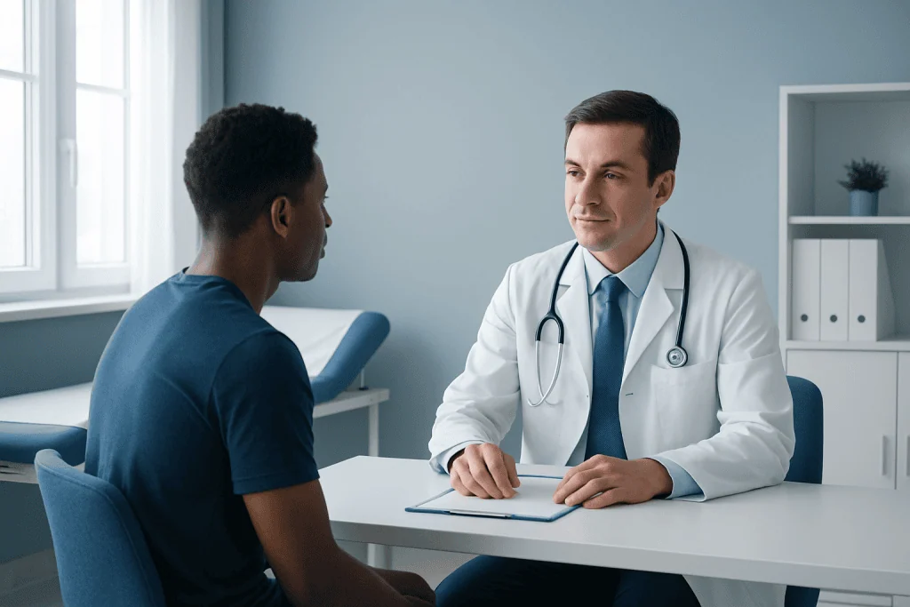 Doctor consulting with a patient in a modern medical office.
