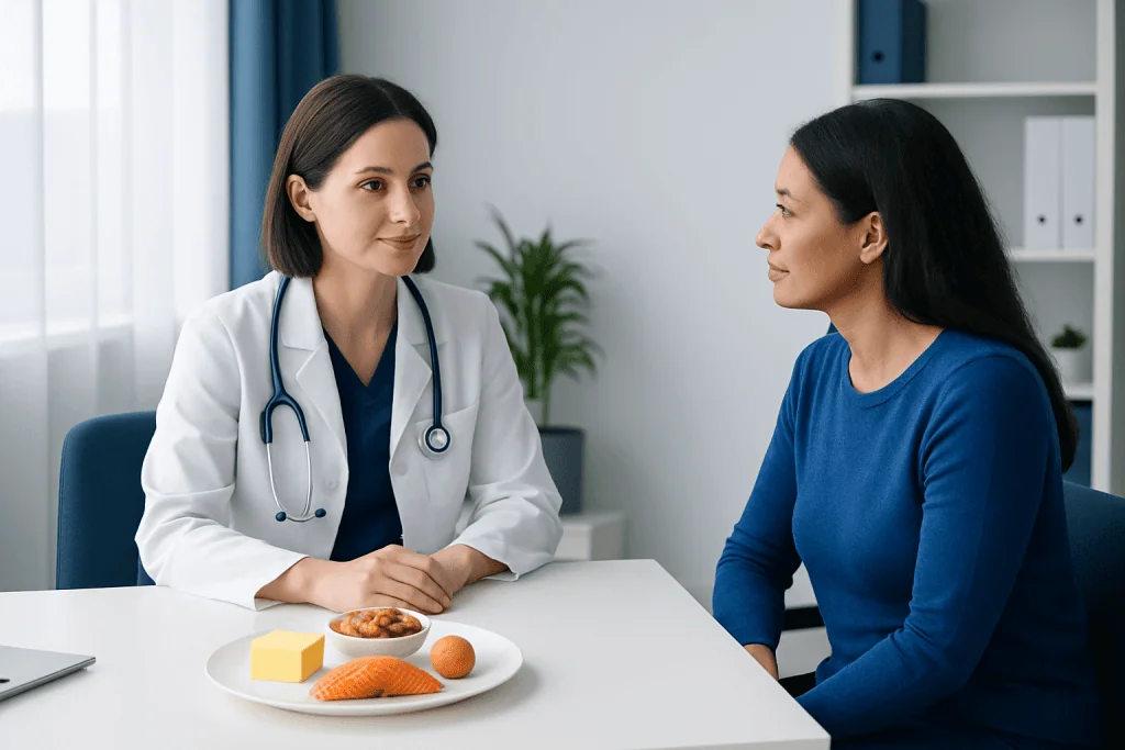 Doctor consulting patient about vitamin D-rich foods in clinic setting.