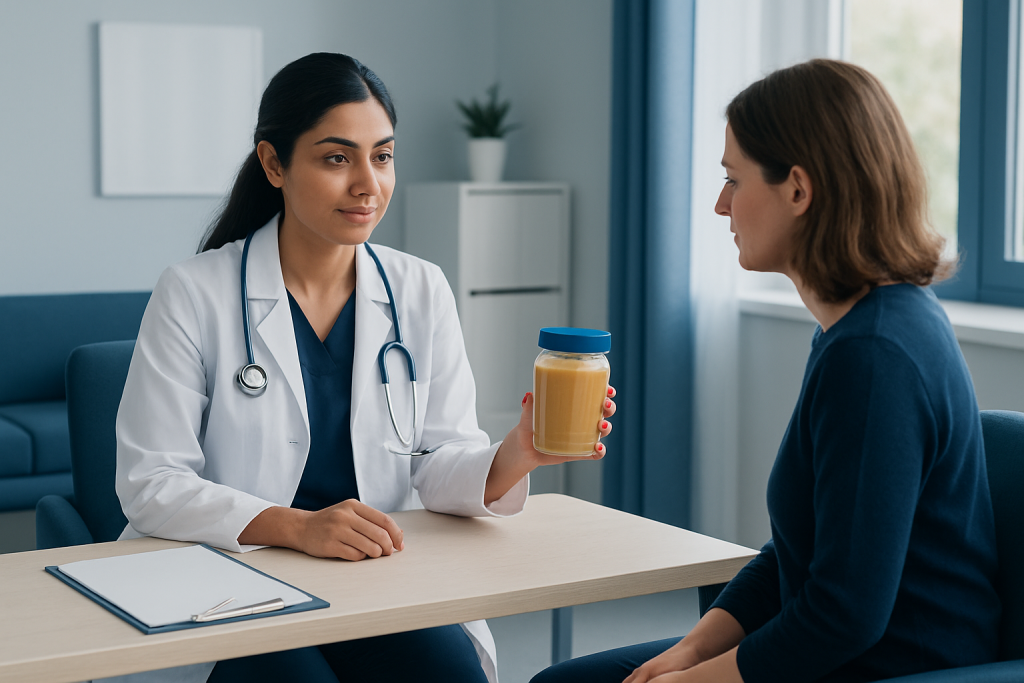 Doctor explaining peanut butter benefits to patient in consultation room.