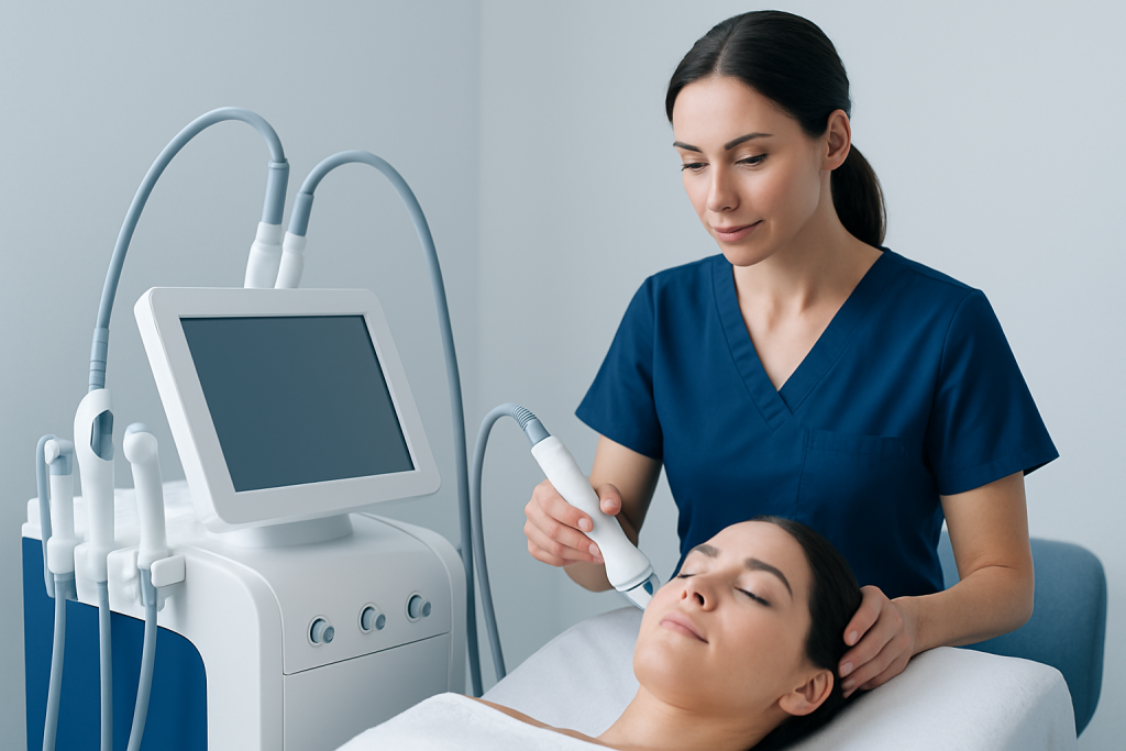 Esthetician performing facial treatment with advanced skincare equipment.