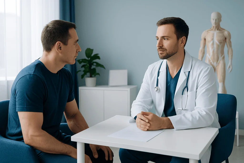 Doctor consulting with patient in a medical office with anatomical model in background.