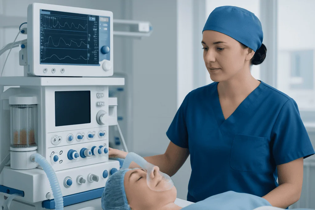 Nurse monitoring patient with medical equipment in hospital.