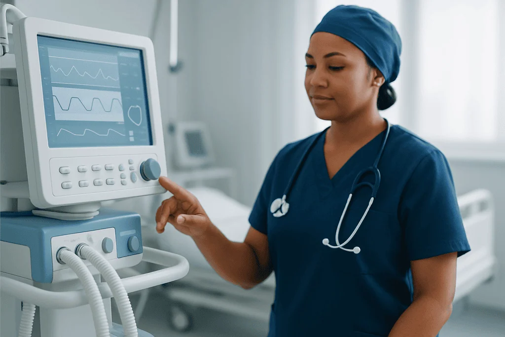 Nurse operating medical monitoring equipment in hospital setting.