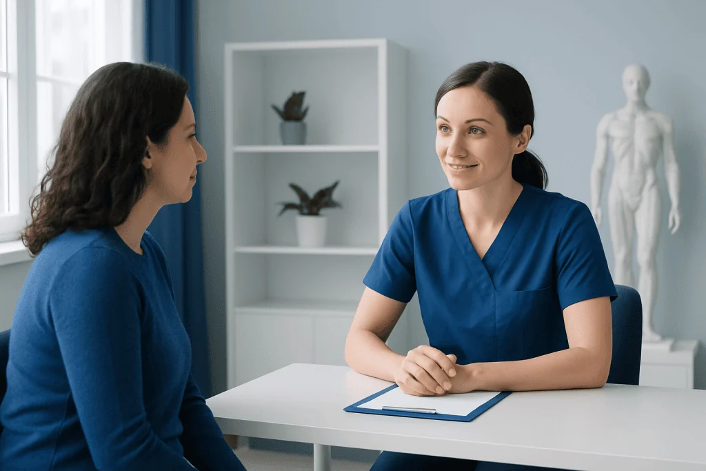 Healthcare professional consulting patient in a medical office setting.