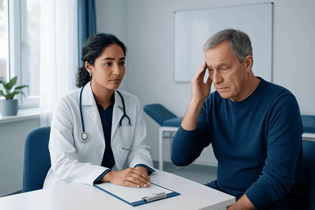 Doctor consulting with an elderly patient about stroke symptoms in a medical office.