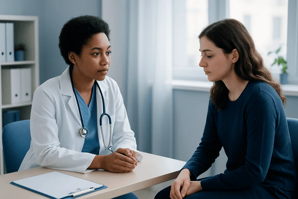 Doctor consulting with a patient in a medical office setting.