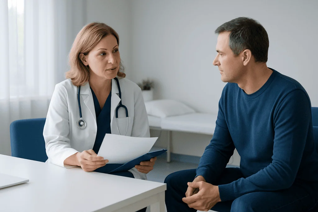 Doctor discussing discharge papers with male patient in clinic.