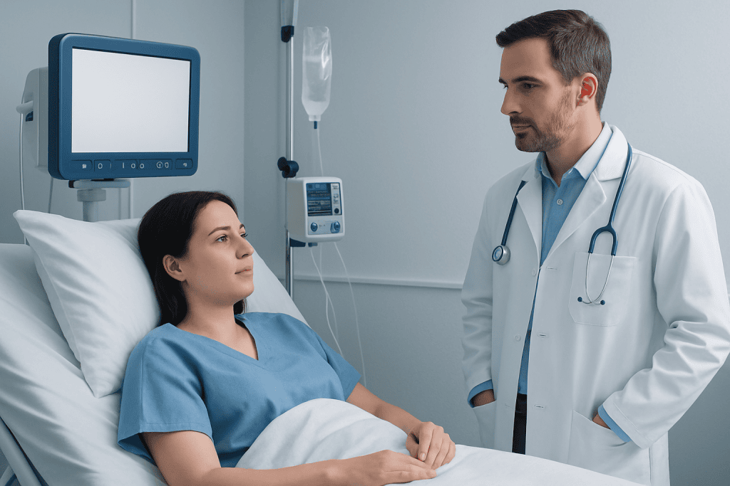 Doctor consulting with a patient in a hospital room.