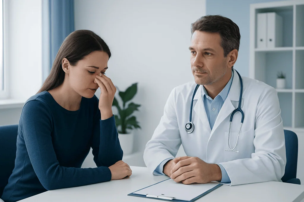 Patient experiencing allergy symptoms consulting a doctor in a clinic.