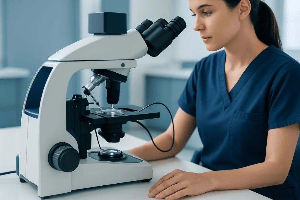 Medical researcher examining samples with a microscope at a laboratory.