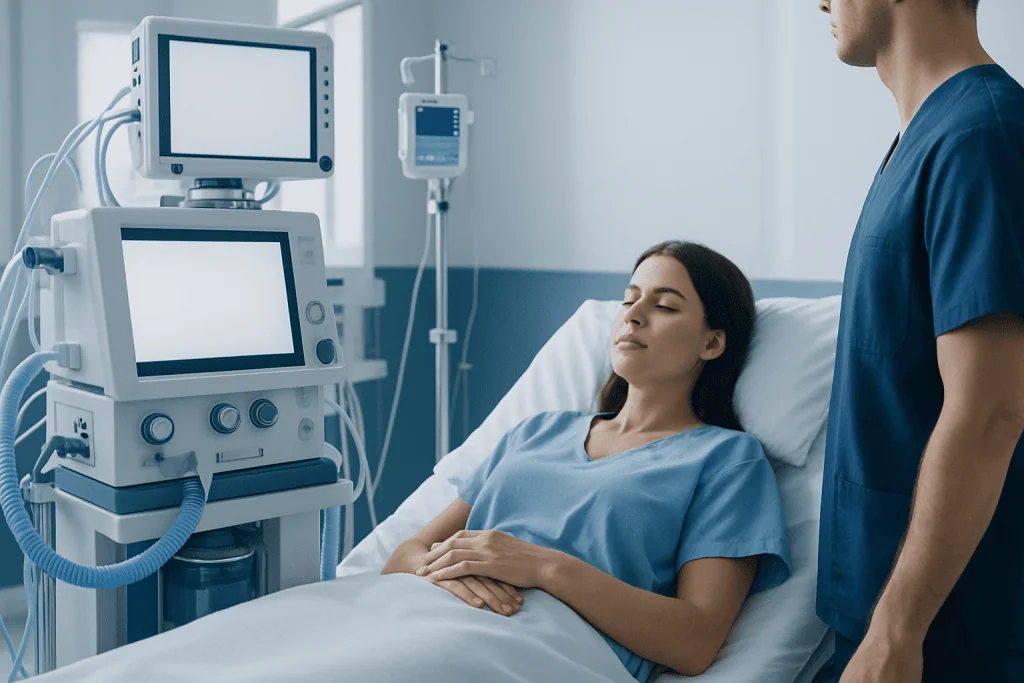 Patient in hospital bed with medical monitors and healthcare professional nearby.