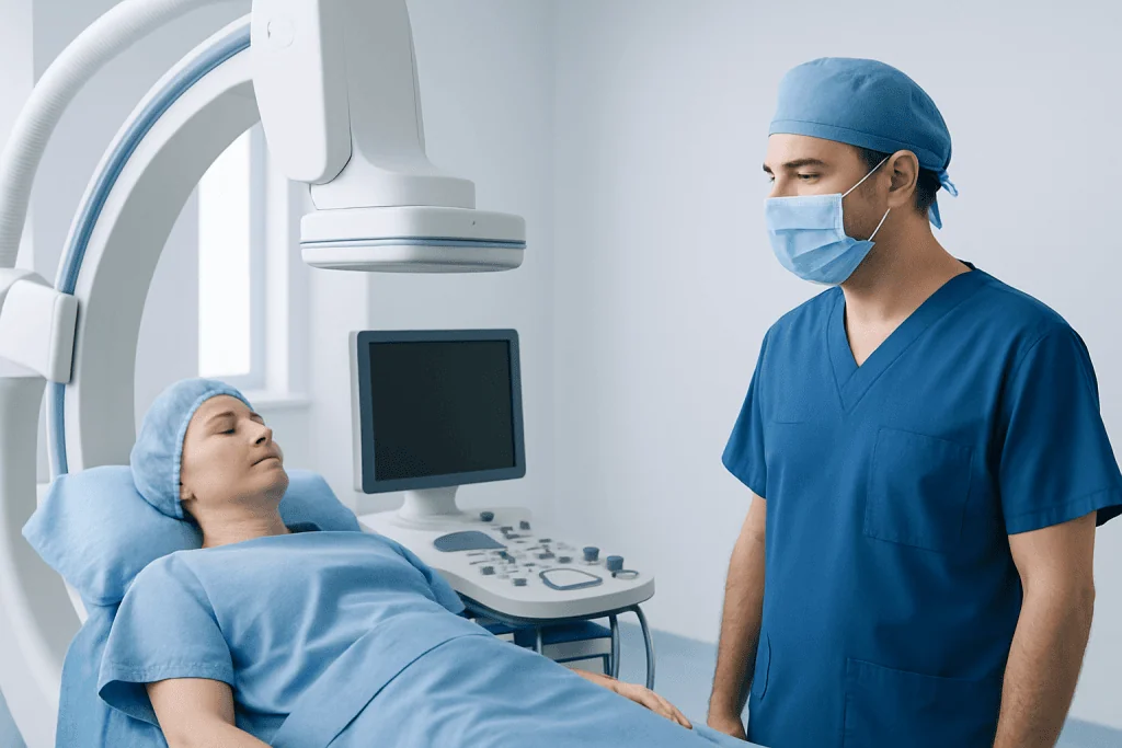 Medical professional preparing for angioplasty procedure in hospital.