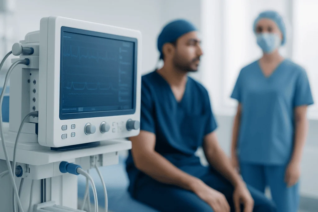 Medical monitoring equipment in a hospital room with healthcare professionals.