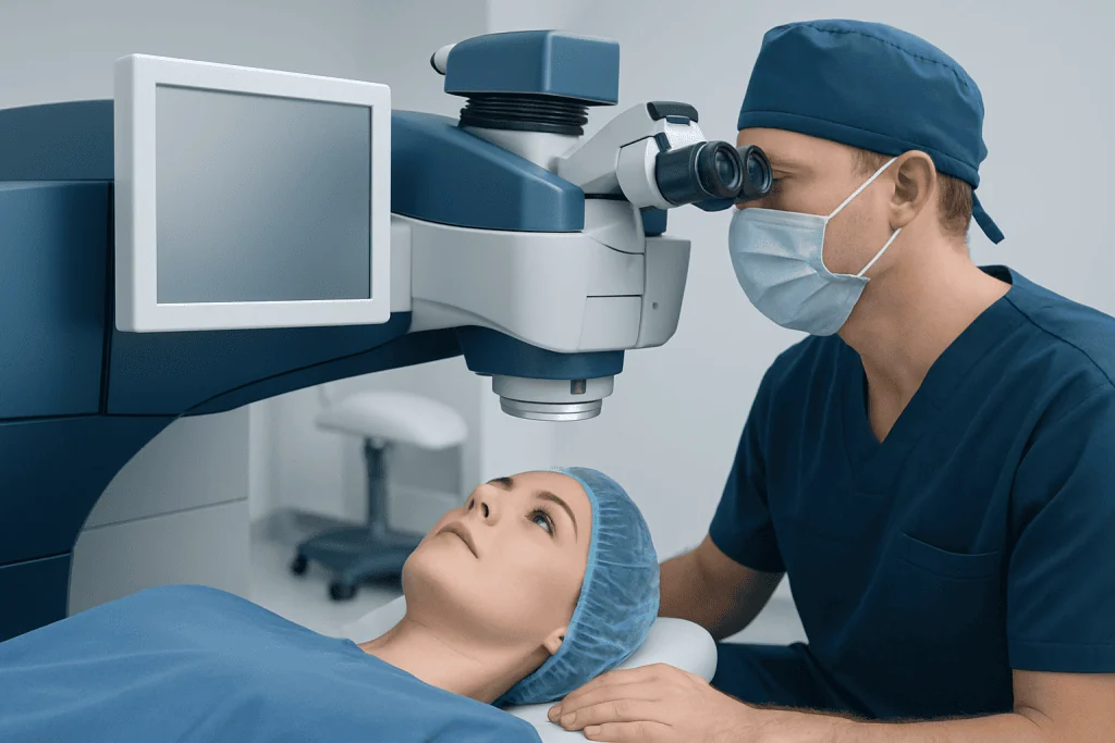 Surgeon performing LASIK eye surgery with advanced equipment at Acibadem Hospital.