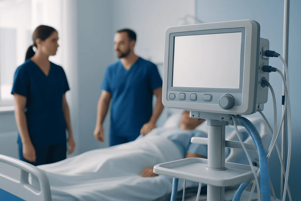 Hospital room with medical monitor and healthcare professionals attending patient.
