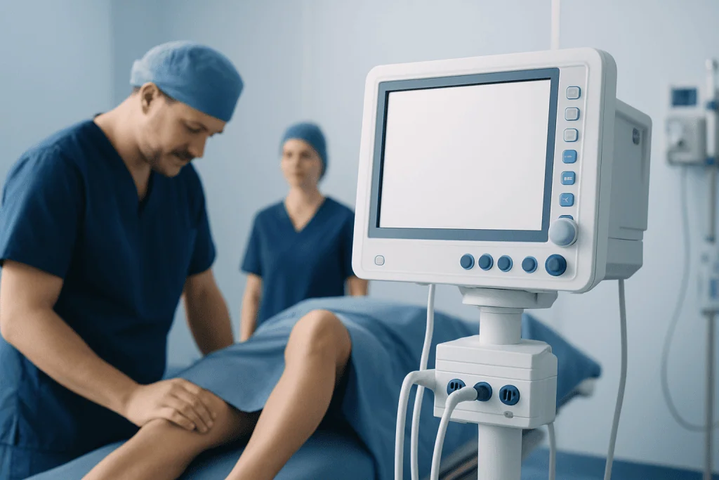 ACL Reconstruction 1 Surgeons performing ACL surgery in a modern hospital operating room.