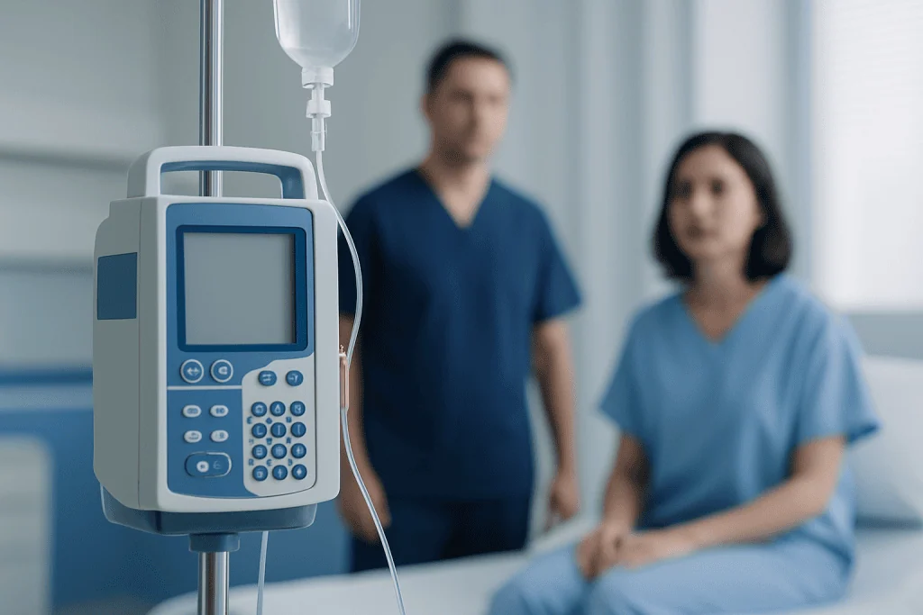 Infusion pump in hospital room with medical staff in background.