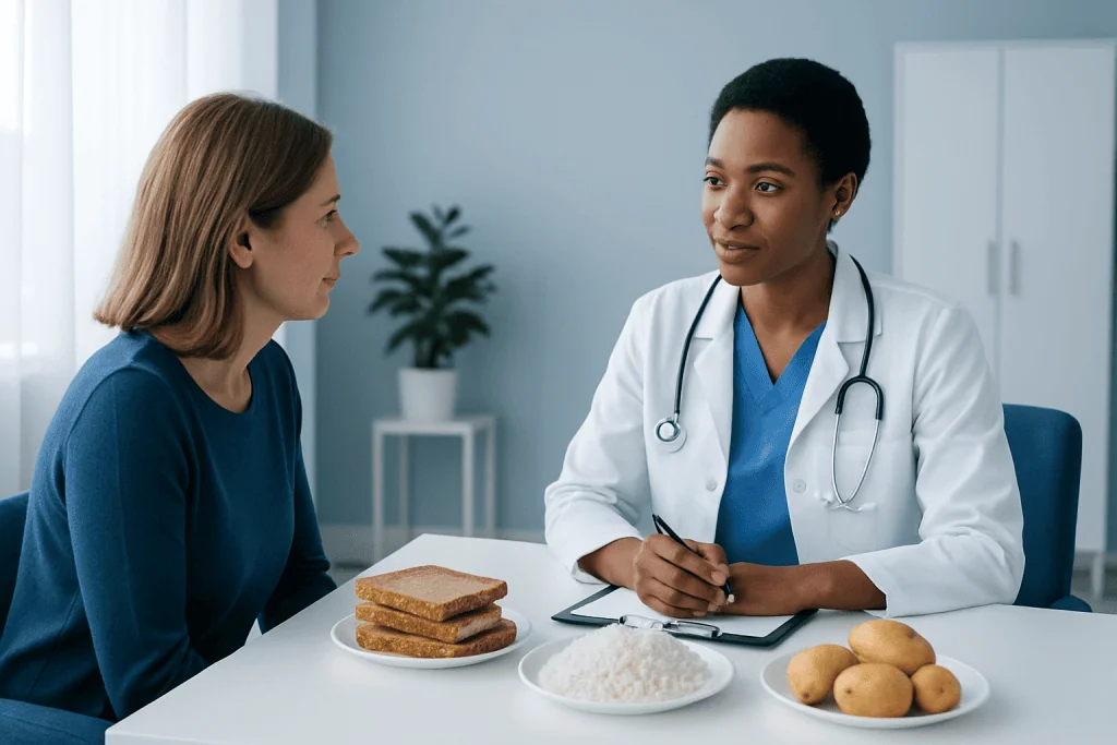 Doctor consulting with patient about starch in diet at clinic.