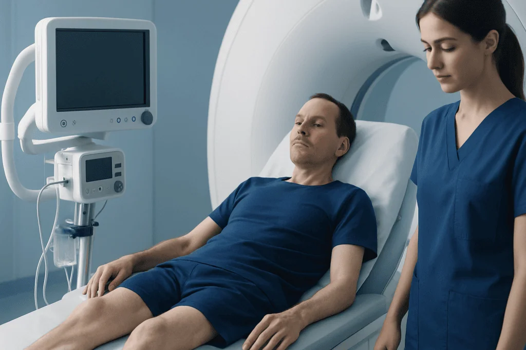 Patient undergoing MRI scan at Acibadem Hospital with medical staff present.