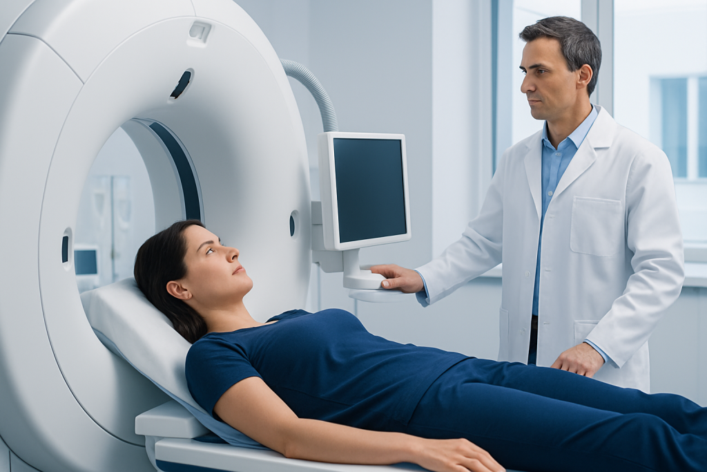 Medical professional prepares patient for CT scan at Acibadem Hospital.