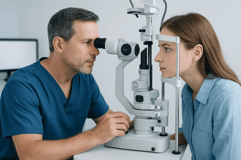 Ophthalmologist examining a patient's eye with a slit lamp.