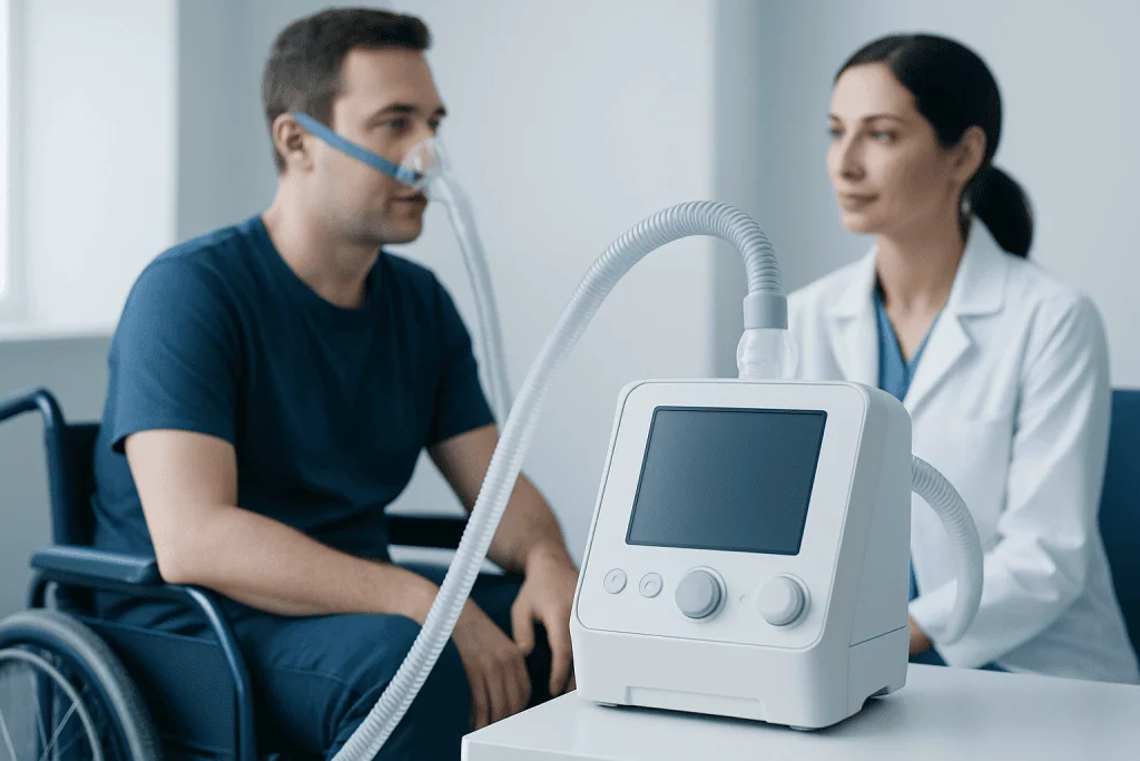 Patient in wheelchair undergoing respiratory therapy at Acibadem Hospital.