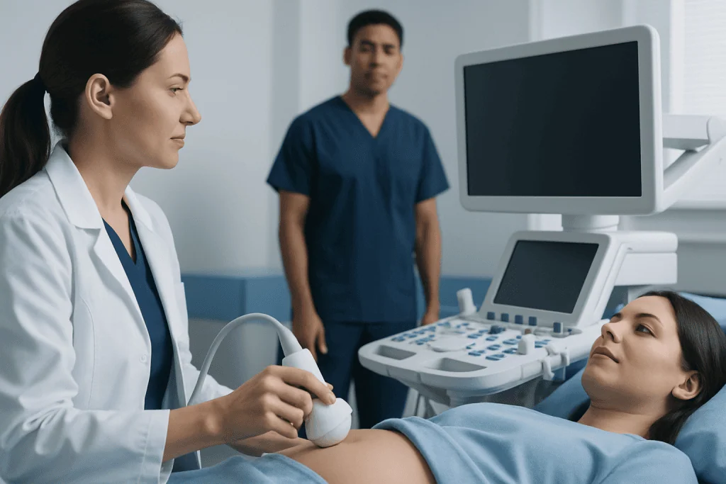 Medical professionals perform an ultrasound on a patient in a hospital room.