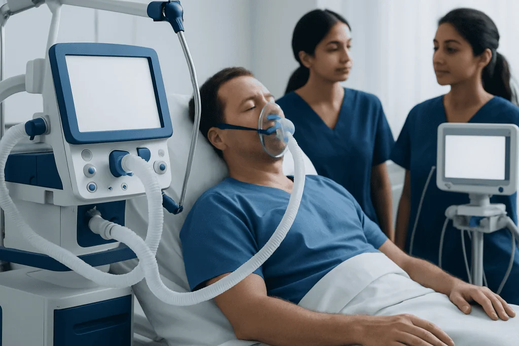 Patient on ventilator with medical staff in hospital setting.