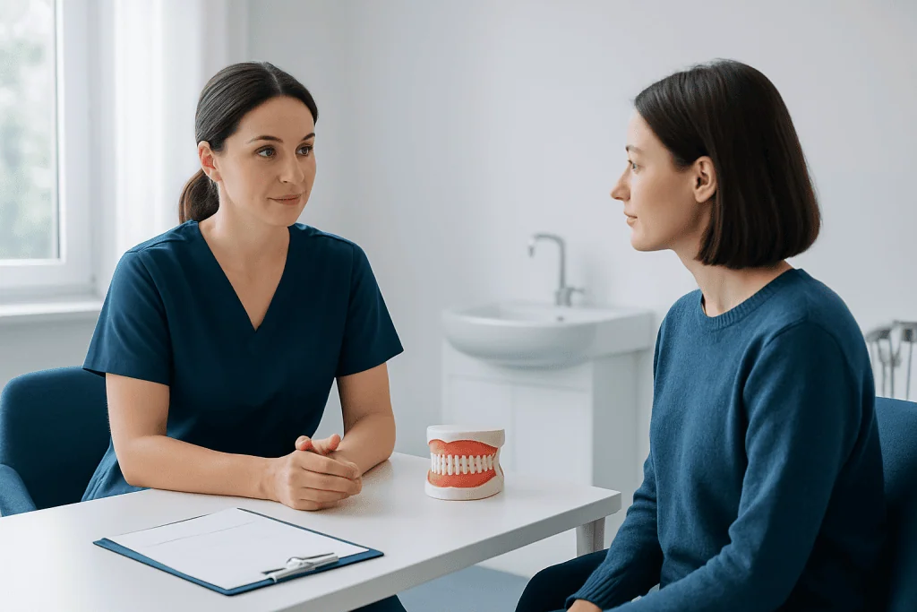 Dentist consulting with patient about dental sedation options in a clinic setting.