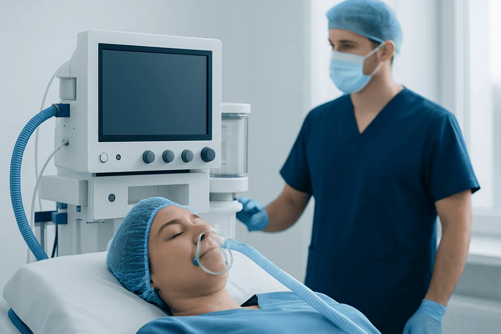 Patient under sedation with medical staff monitoring vital signs in hospital.