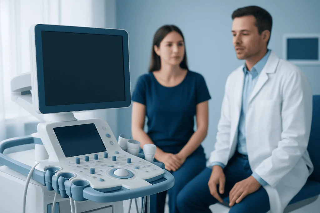 Doctor explaining ultrasound results to a patient in a medical clinic.