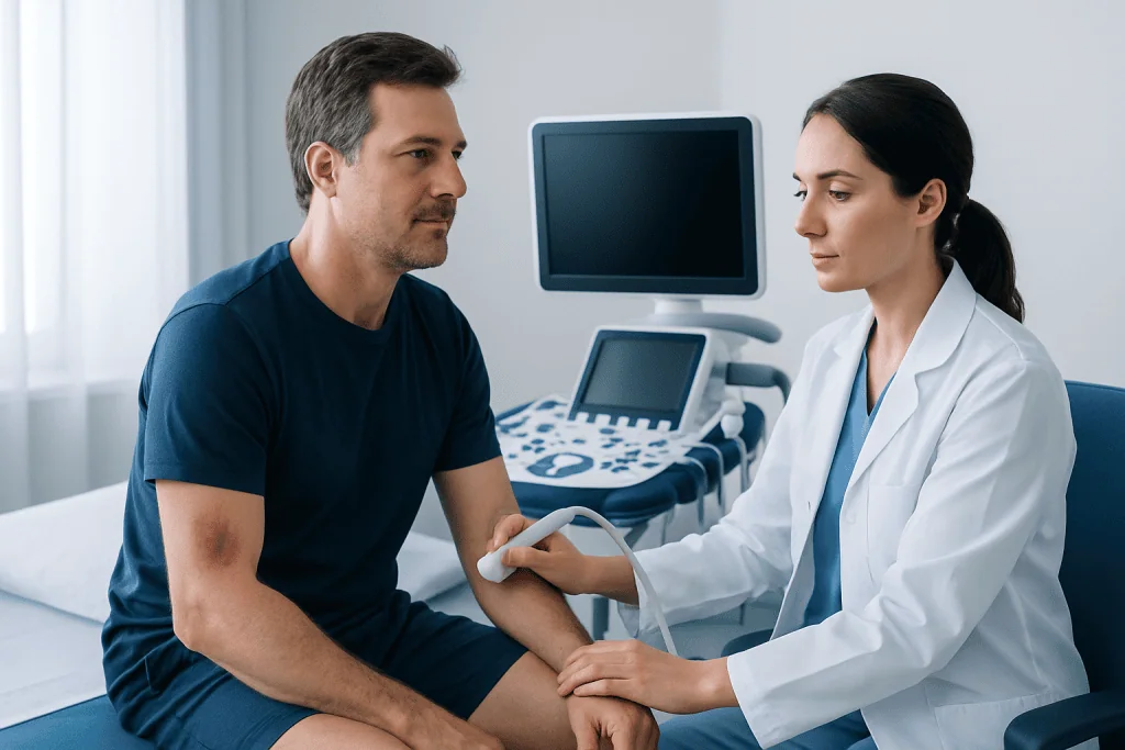Doctor examining patient's arm with ultrasound in hospital room.