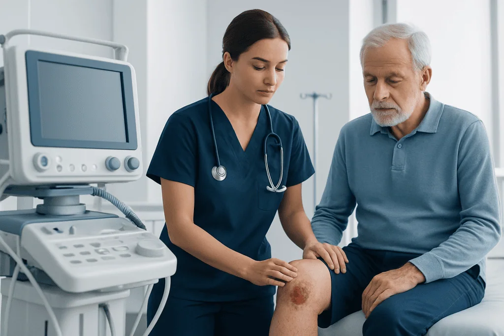 Healthcare professional examining patient's knee with ultrasound device.