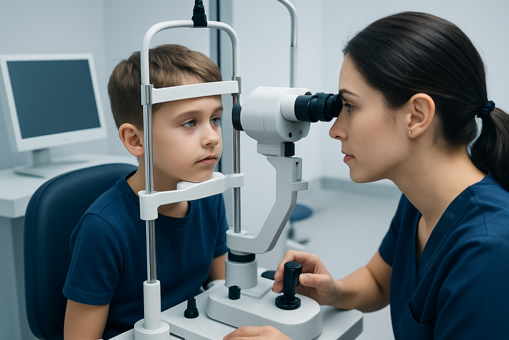 Pediatric eye exam using slit lamp at Acibadem Hospital.