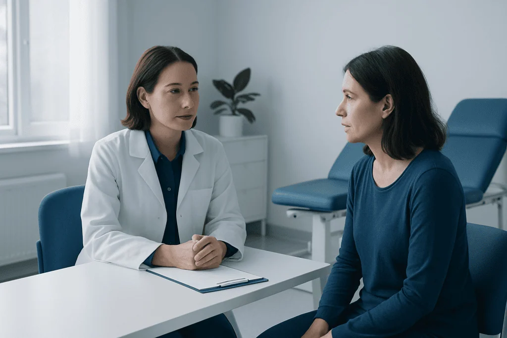 Doctor consulting with a patient in a medical office setting.