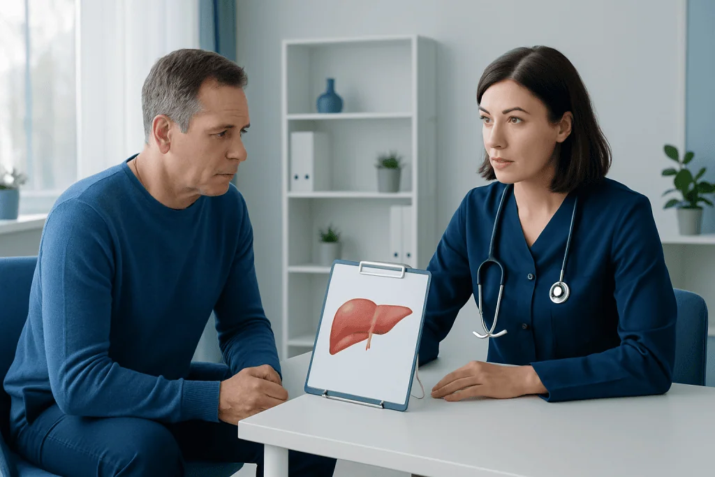 Doctor explaining liver health to a patient with liver diagram.