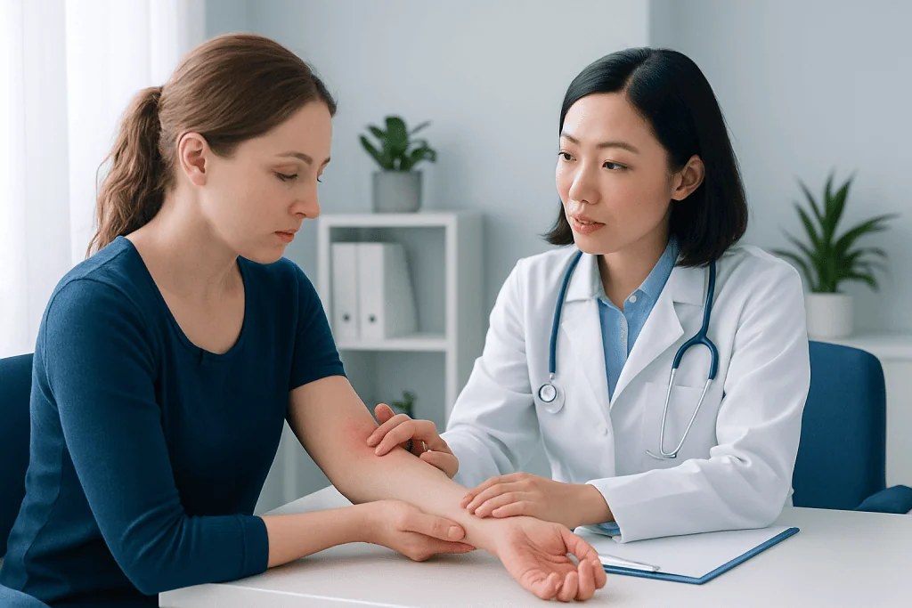 Doctor examining patient's skin in a clinical setting.